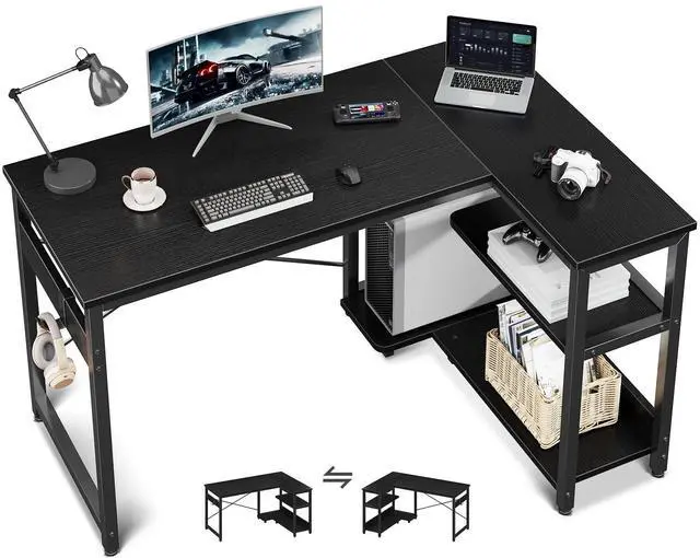 Main image of L Shaped Computer Desk, 48 Inch Small Corner Desk with Storage Shelves & PC Stand, Reversible Gaming Desk for Bedroom, Modern Writing Study Table for Home Office, Black