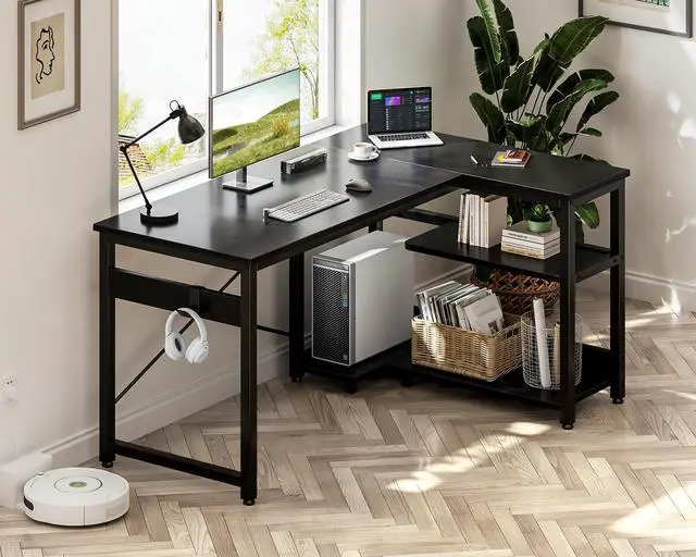 Alt view image 2 of 7 - L Shaped Computer Desk, 48 Inch Small Corner Desk with Storage Shelves & PC Stand, Reversible Gaming Desk for Bedroom, Modern Writing Study Table for Home Office, Black