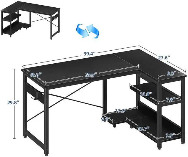 Alt view image 3 of 7 - L Shaped Computer Desk, 48 Inch Small Corner Desk with Storage Shelves & PC Stand, Reversible Gaming Desk for Bedroom, Modern Writing Study Table for Home Office, Black
