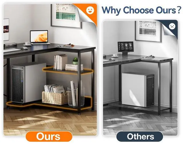 Alt view image 4 of 7 - L Shaped Computer Desk, 48 Inch Small Corner Desk with Storage Shelves & PC Stand, Reversible Gaming Desk for Bedroom, Modern Writing Study Table for Home Office, Black