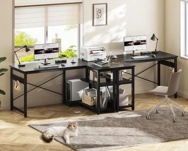 Alt view image 5 of 7 - L Shaped Computer Desk, 48 Inch Small Corner Desk with Storage Shelves & PC Stand, Reversible Gaming Desk for Bedroom, Modern Writing Study Table for Home Office, Black