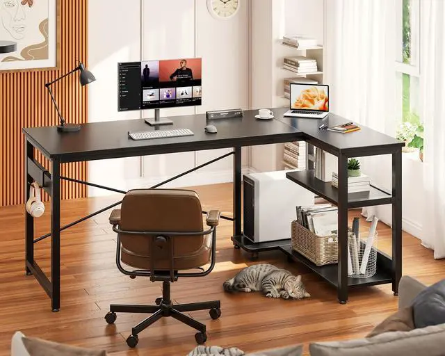 Alt view image 6 of 7 - L Shaped Computer Desk, 48 Inch Small Corner Desk with Storage Shelves & PC Stand, Reversible Gaming Desk for Bedroom, Modern Writing Study Table for Home Office, Black