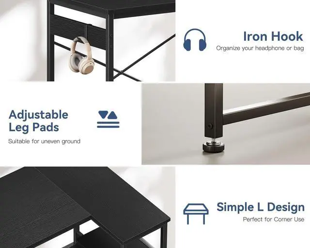 Alt view image 7 of 7 - L Shaped Computer Desk, 48 Inch Small Corner Desk with Storage Shelves & PC Stand, Reversible Gaming Desk for Bedroom, Modern Writing Study Table for Home Office, Black