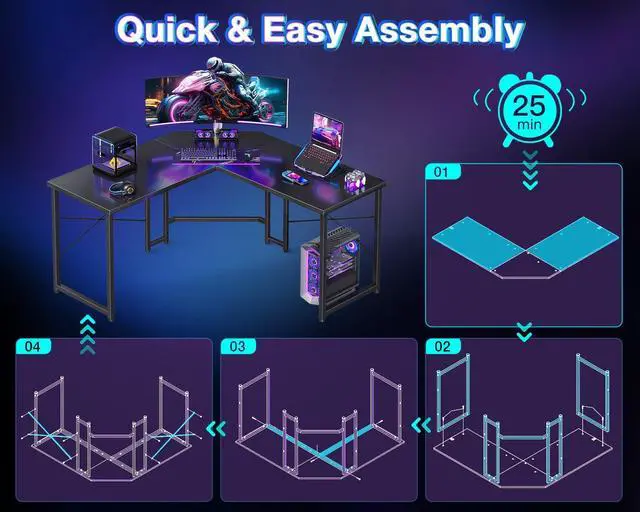 Alt view image 4 of 7 - L Shaped Gaming Desk, Corner Desk Gaming Table for Home Office, Computer Desk Sturdy Writing Workstation for Small Space, Easy to Assemble, 51 inch, Carbon Fiber Surface, Black