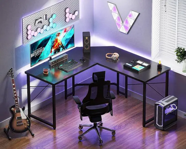Alt view image 7 of 7 - L Shaped Gaming Desk, Corner Desk Gaming Table for Home Office, Computer Desk Sturdy Writing Workstation for Small Space, Easy to Assemble, 51 inch, Carbon Fiber Surface, Black