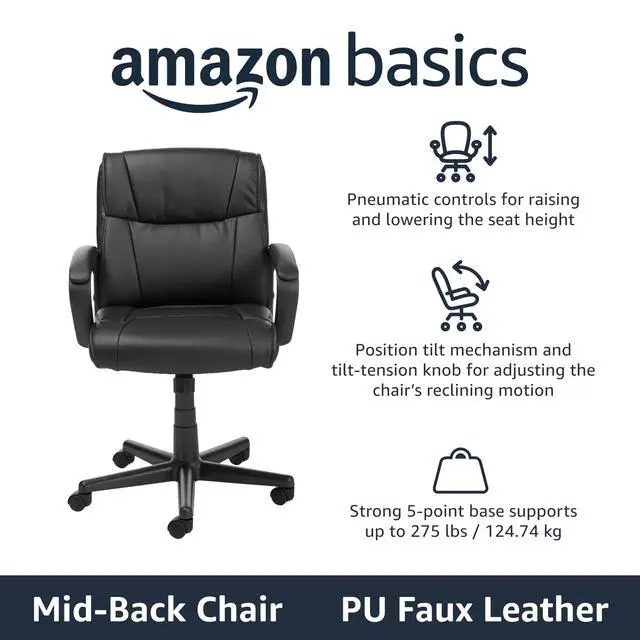 Alt view image 2 of 4 - Amazon Basics Office Task Chair with Adjustable Height, 360° Swivel, Padded Armrests, Mid-Back, Rolling, 275 Pound Capacity, 24.2"D x 24"W x 34.8"H, Black Faux Leather