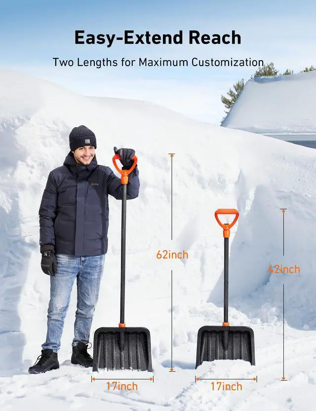 Alt view image 4 of 7 - 62" Heavy-Duty Snow Shovel with Adjustable Ergonomic D-Shape Handle, 17-Inch Wide Snow Shovel for Car with Stainless Steel Blade, Easily Remove Heavy Snow from Car, Driveway, Yard