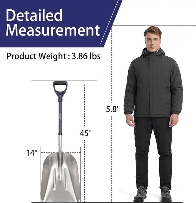 Alt view image 7 of 7 - Aluminum Snow Shovel - Large Capacity Driveway Snow Removal Tool, Fiberglass D-Handle, 45 Inch Blade