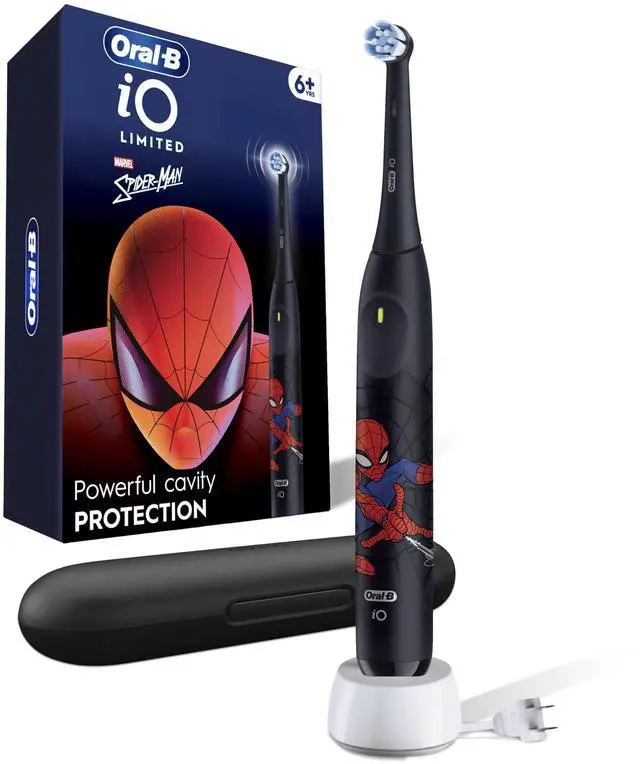 Main image of iO Kids Limited Rechargeable Electric Powered Toothbrush, Spiderman with 1 Gentle Care Brush Head - Automatic Pressure Sensor to Protect Gums - 3 Cleaning Settings - 2 Min Music Timer