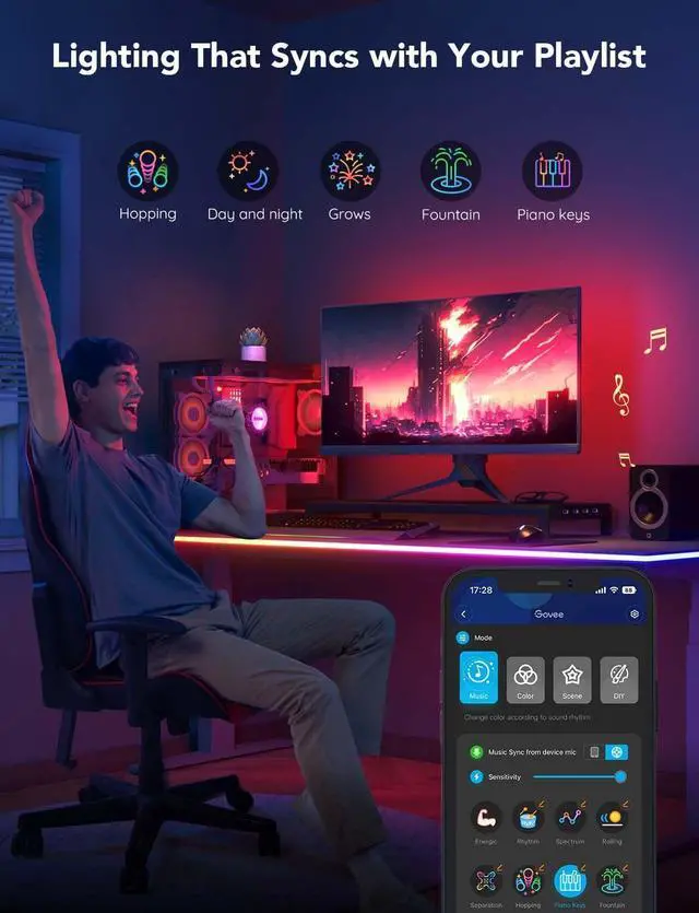 Alt view image 6 of 7 - RGBIC Gaming Lights, 10ft Neon Rope Lights Soft Lighting for Gaming Desks, LED Strip Lights Syncing with Razer Chroma, Support Cutting, Smart App Control, Music Sync, Adapter (Only 2.4G Wi-Fi)