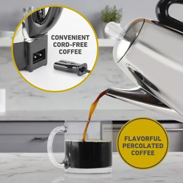 Alt view image 3 of 7 - Electric Percolator Classic Style Coffee Maker with Heat Resistant Handle Base and Detachable Cord with Stainless Steel Stem and Basket, 12-Cup, Silver