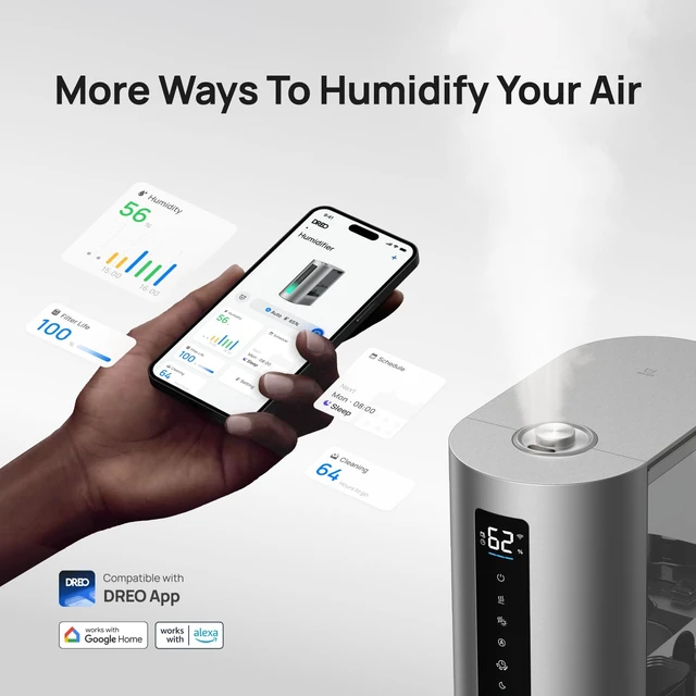 Alt view image 3 of 7 - 6L Smart Humidifiers for Bedroom, Warm & Cool Mist for Large Room | 60-Hour Quiet Runtime, 500ML/H Output, Smart Humidity Sensor, Indicator Light, App Control, Works with Alexa & Google, Silver