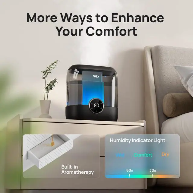 Alt view image 3 of 7 - 6L Top Fill Humidifiers for Bedroom, 60H Runtime 28 dB Quiet Supersized Cool Mist Air Humidifiers for Large Room, Baby Nursery, Plant, Indoor, Night Light, Easy to Clean, Precise Humidity Control