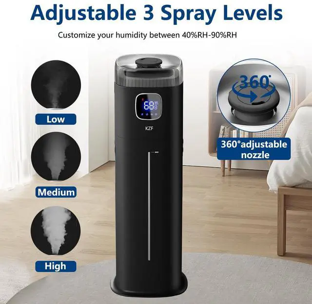 Alt view image 4 of 7 - Large Humidifier for Bedroom, 9L/2.5Gallon Ultrasonic Cool Mist Humidifier with Humidistat, 360°Nozzle, 350ML/H Big Mist Level, Suitable for Kids Room Livingroom Yoga Office Plant