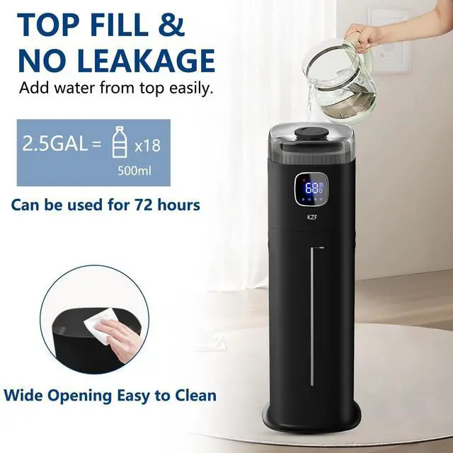Alt view image 3 of 7 - Large Humidifier for Bedroom, 9L/2.5Gallon Ultrasonic Cool Mist Humidifier with Humidistat, 360°Nozzle, 350ML/H Big Mist Level, Suitable for Kids Room Livingroom Yoga Office Plant
