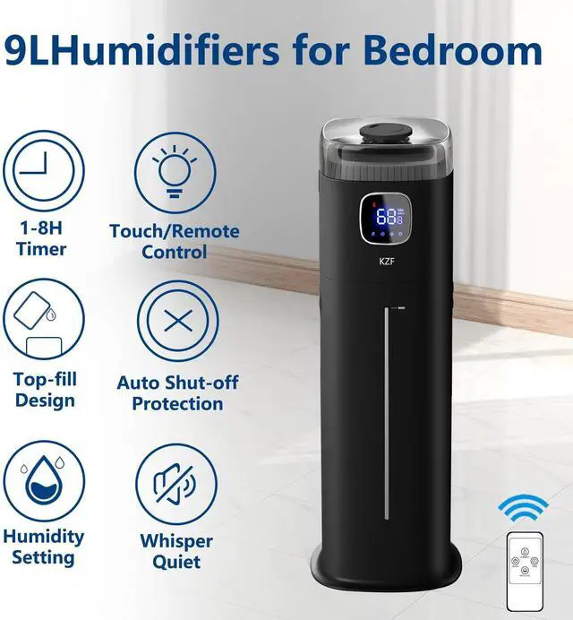 Alt view image 5 of 7 - Large Humidifier for Bedroom, 9L/2.5Gallon Ultrasonic Cool Mist Humidifier with Humidistat, 360°Nozzle, 350ML/H Big Mist Level, Suitable for Kids Room Livingroom Yoga Office Plant