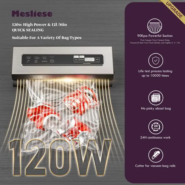 Alt view image 2 of 5 - Vacuum Sealer Machine Powerful 90Kpa Precision 6-in-1 Compact Food Preservation System with Cutter, 2 Bag Rolls & 5 Pre-cut Bags, Widened 12mm Sealing Strip, Dry&Moist Modes (Silver)