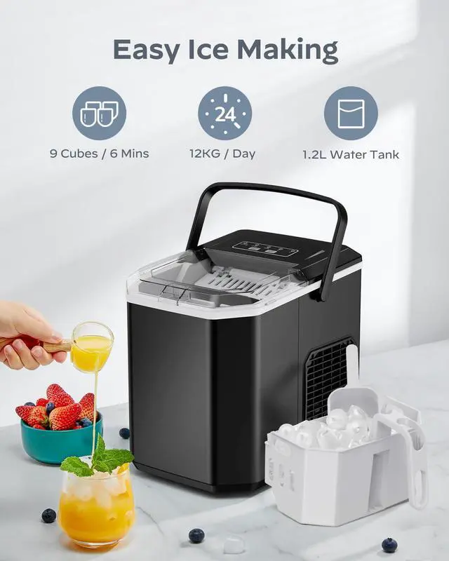 Alt view image 2 of 7 - Ice Maker Countertop, Portable Ice Machine with Carry Handle, Self-Cleaning Ice Makers with Basket and Scoop, 9 Cubes in 6 Mins, 26 lbs per Day, Ideal for Home, Kitchen, Camping, RV
