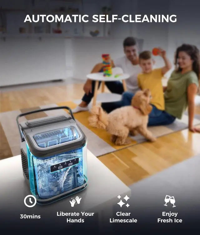 Alt view image 4 of 7 - Countertop Ice Maker, Portable, Self-Cleaning, 9 Bullet Ice Cubes in 6 Mins, 26lbs/24Hrs, Ice Maker Machine with Ice Bags, Handle, Standing Scoop and Basket, Black