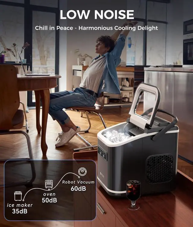 Alt view image 5 of 7 - Countertop Ice Maker, Portable, Self-Cleaning, 9 Bullet Ice Cubes in 6 Mins, 26lbs/24Hrs, Ice Maker Machine with Ice Bags, Handle, Standing Scoop and Basket, Black