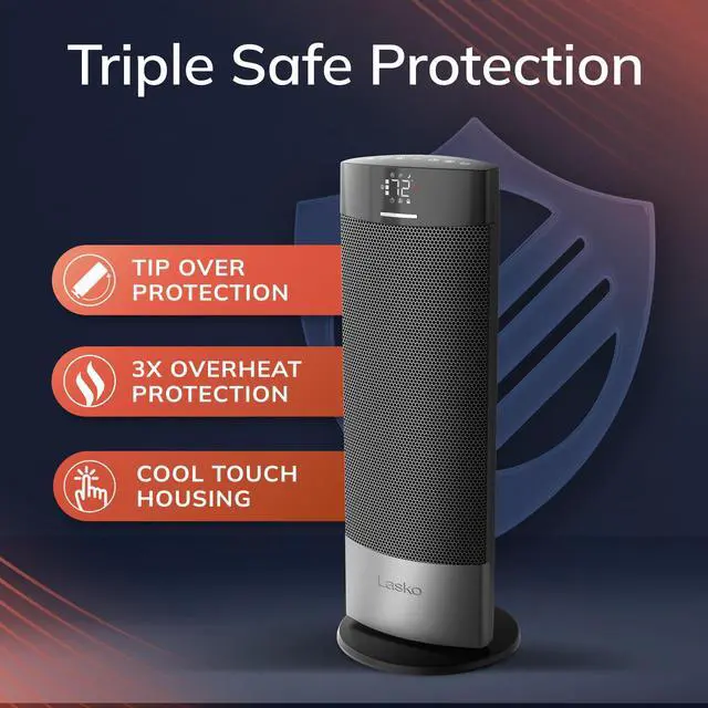 Alt view image 4 of 7 - Ellipse Ceramic Tower Heater for Home with Tipover Switch, Child Lock, Digital Display, Thermostat, Wide Oscillation, Remote, Timer, For Bedroom, Office, Living Room, Den, 1500W, Black, CT18950