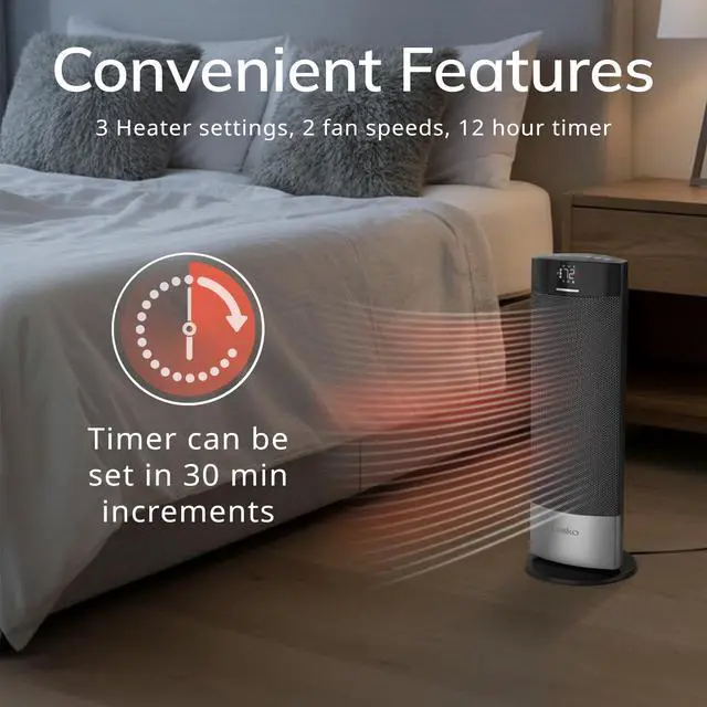 Alt view image 6 of 7 - Ellipse Ceramic Tower Heater for Home with Tipover Switch, Child Lock, Digital Display, Thermostat, Wide Oscillation, Remote, Timer, For Bedroom, Office, Living Room, Den, 1500W, Black, CT18950