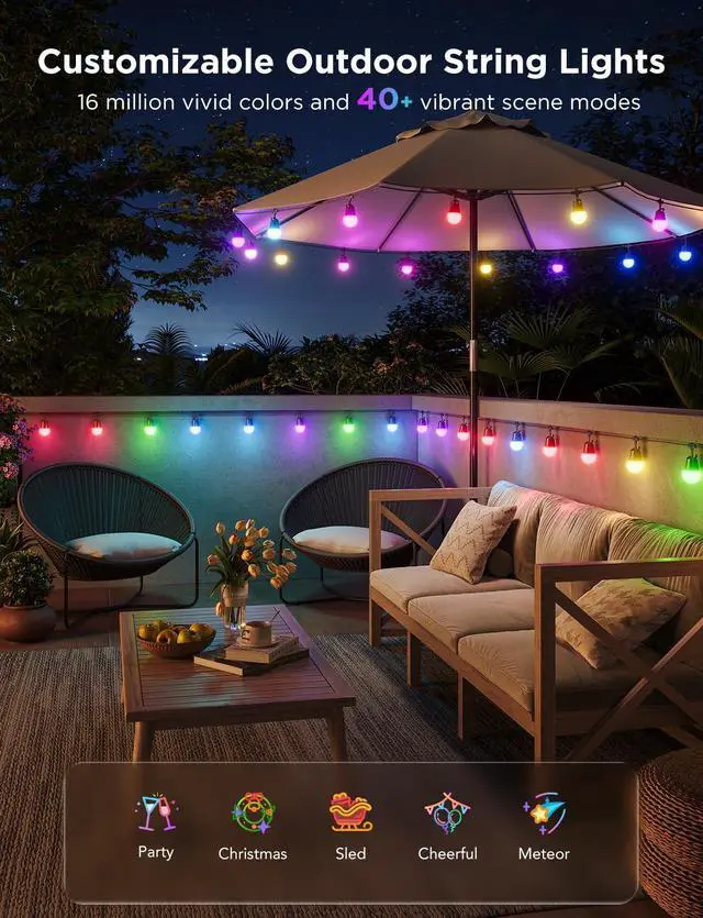 Alt view image 2 of 7 - Smart Outdoor String Lights 2, 144ft Outdoor Lights with Dimmable Warm White LED Bulbs, 47 Scene Modes for Patio, Backyard, Balcony, IP65 Waterproof, Works with Alexa, App Control
