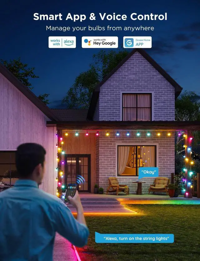 Alt view image 5 of 7 - Smart Outdoor String Lights 2, 144ft Outdoor Lights with Dimmable Warm White LED Bulbs, 47 Scene Modes for Patio, Backyard, Balcony, IP65 Waterproof, Works with Alexa, App Control