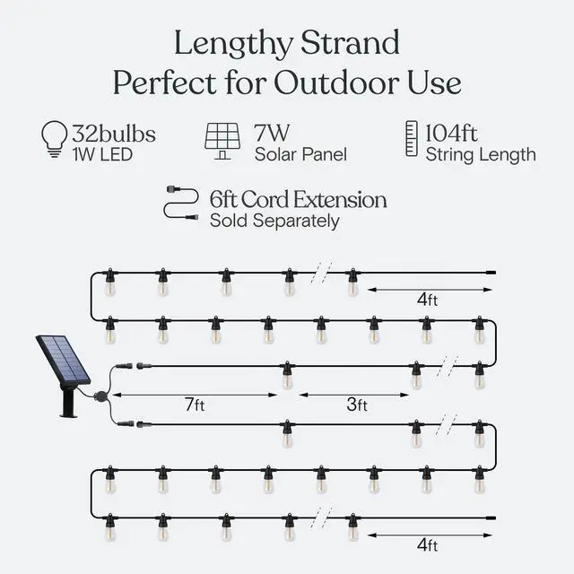 Alt view image 3 of 7 - 104 (52x2) FT Ambience Pro Solar Powered Outdoor LED String Lights - Waterproof Remote Control Lights - 32 Bulbs, 7W Solar Powered Soft White Light for Camping, Patio, Garden