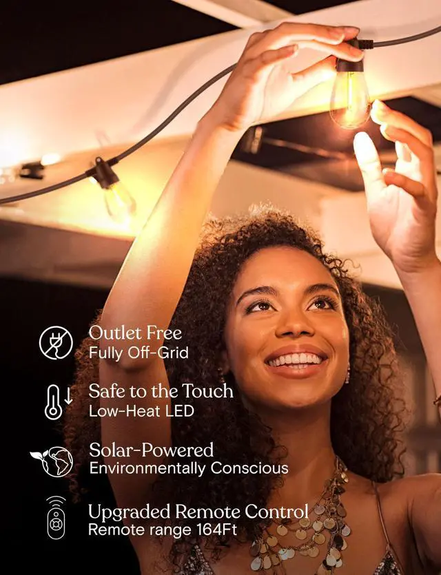 Alt view image 7 of 7 - 104 (52x2) FT Ambience Pro Solar Powered Outdoor LED String Lights - Waterproof Remote Control Lights - 32 Bulbs, 7W Solar Powered Soft White Light for Camping, Patio, Garden