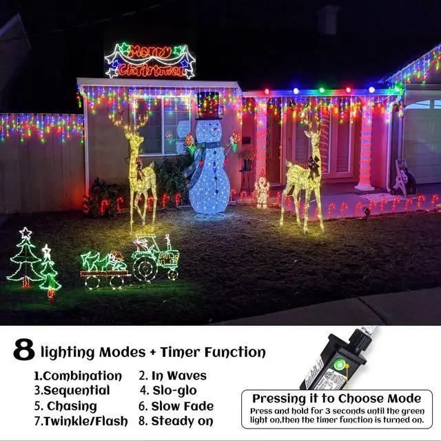 Alt view image 2 of 7 - 132 ft Christmas Lights -1280 LED Icicle Lights Outdoor with 240 Drops Hanging String Lights, 8 Modes Plug in Waterproof Timer Memory for Holiday Wedding Party Window Garden Decoration (Multicolor)