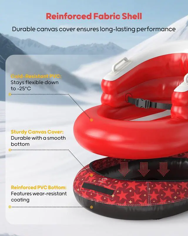 Alt view image 5 of 7 - Snow Sled for Toddlers 1-3 with Canvas Cover, Inflatable Baby Sled with 3-Sided Protection, Tow Strap & Handles, Kids Snow Tube for Skiing & Sledding Outdoor Toys (Red)