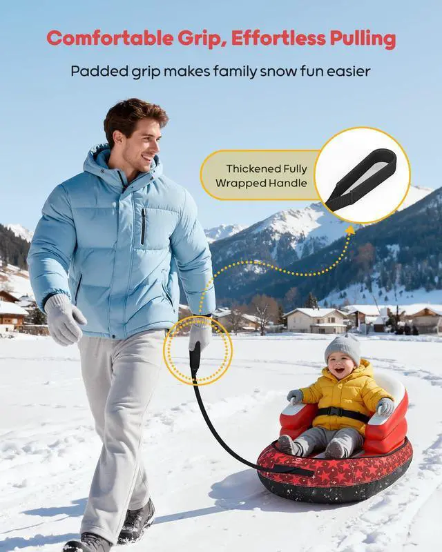 Alt view image 3 of 7 - Snow Sled for Toddlers 1-3 with Canvas Cover, Inflatable Baby Sled with 3-Sided Protection, Tow Strap & Handles, Kids Snow Tube for Skiing & Sledding Outdoor Toys (Red)