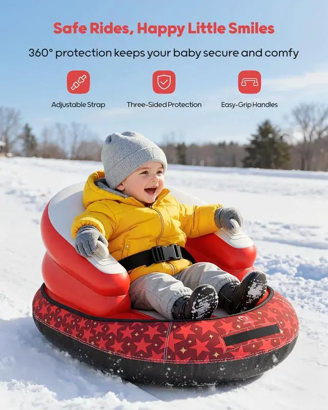 Alt view image 2 of 7 - Snow Sled for Toddlers 1-3 with Canvas Cover, Inflatable Baby Sled with 3-Sided Protection, Tow Strap & Handles, Kids Snow Tube for Skiing & Sledding Outdoor Toys (Red)