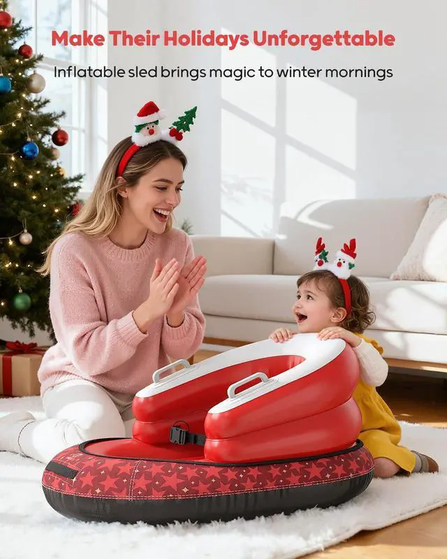 Alt view image 7 of 7 - Snow Sled for Toddlers 1-3 with Canvas Cover, Inflatable Baby Sled with 3-Sided Protection, Tow Strap & Handles, Kids Snow Tube for Skiing & Sledding Outdoor Toys (Red)
