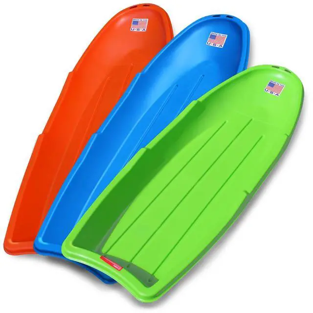 Main image of Winter Lightning Snow Sleds for Kids and Adults (3-Pack) - 48 Inch Toboggan Style Plastic Sled with Hard Bottom for Fast, Smooth Rides - 1 or 2 Riders (Blue, Green, Orange)
