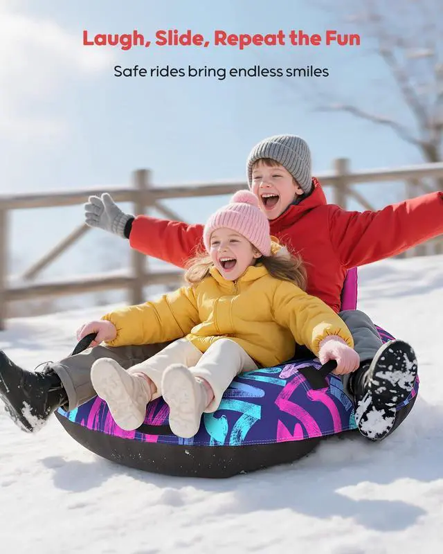 Alt view image 2 of 7 - 44 Snow Tube with Backrest Heavy Duty Inflatable Sled 500 lbs Capacity with Cover, Handles & Tow Rope, Snow Tubing Sleds for Kids & Teens, Portable Air Sled with Fast Valve (Pink)