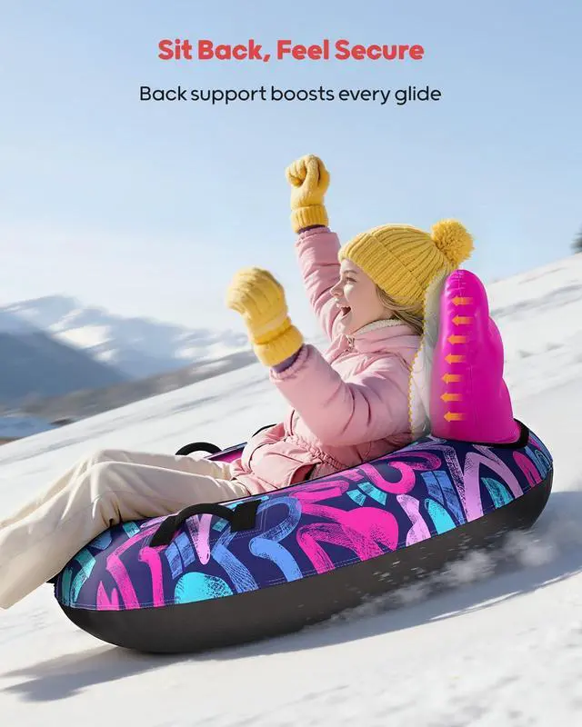 Alt view image 3 of 7 - 44 Snow Tube with Backrest Heavy Duty Inflatable Sled 500 lbs Capacity with Cover, Handles & Tow Rope, Snow Tubing Sleds for Kids & Teens, Portable Air Sled with Fast Valve (Pink)