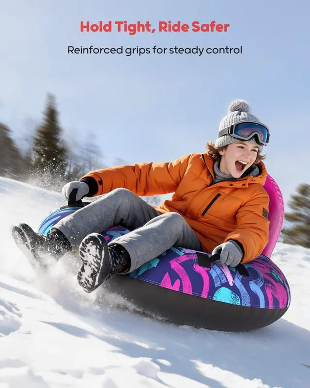 Alt view image 4 of 7 - 44 Snow Tube with Backrest Heavy Duty Inflatable Sled 500 lbs Capacity with Cover, Handles & Tow Rope, Snow Tubing Sleds for Kids & Teens, Portable Air Sled with Fast Valve (Pink)
