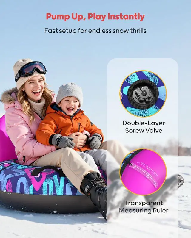 Alt view image 6 of 7 - 44 Snow Tube with Backrest Heavy Duty Inflatable Sled 500 lbs Capacity with Cover, Handles & Tow Rope, Snow Tubing Sleds for Kids & Teens, Portable Air Sled with Fast Valve (Pink)