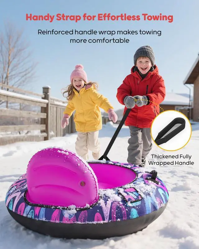 Alt view image 7 of 7 - 44 Snow Tube with Backrest Heavy Duty Inflatable Sled 500 lbs Capacity with Cover, Handles & Tow Rope, Snow Tubing Sleds for Kids & Teens, Portable Air Sled with Fast Valve (Pink)