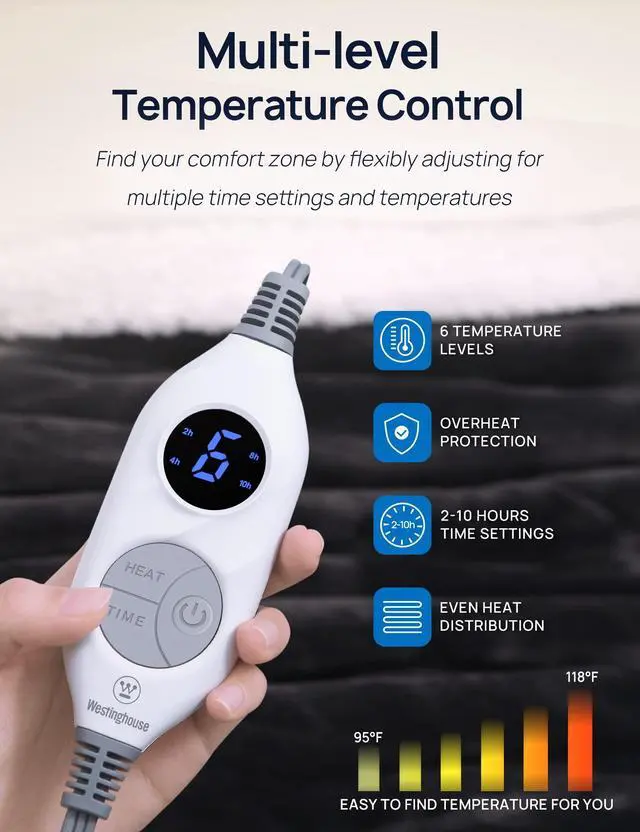 Alt view image 3 of 6 - Wearable Heated Throw Blanket, Electric Heated Wrap Poncho Shawl with Pockets, 6 Heating Levels & 2 to 10 Hours Time Settings, 50 x 60 Inch, Beige, Grey