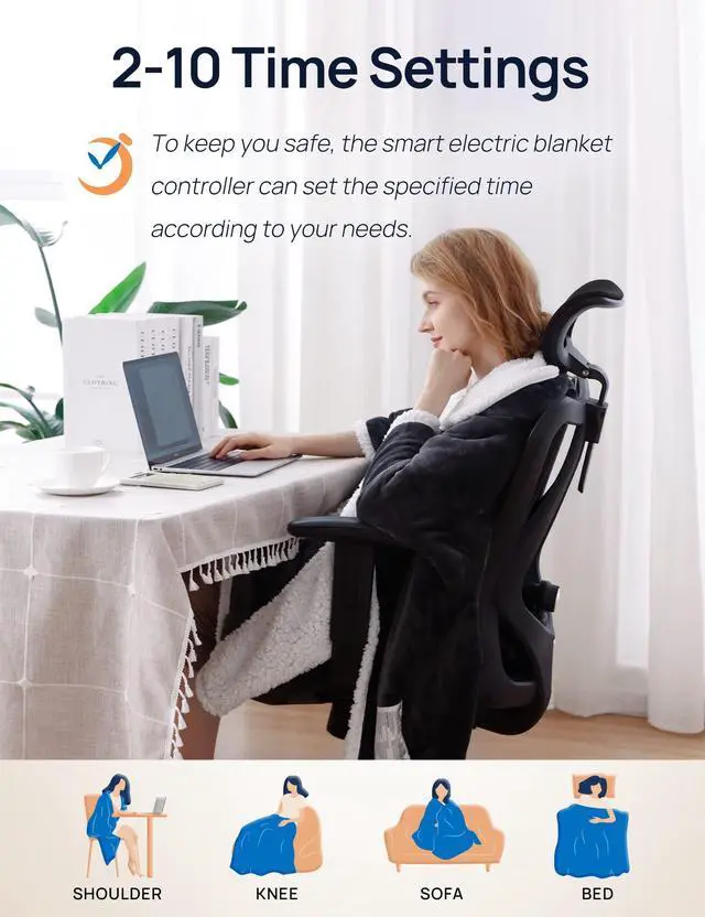 Alt view image 4 of 6 - Wearable Heated Throw Blanket, Electric Heated Wrap Poncho Shawl with Pockets, 6 Heating Levels & 2 to 10 Hours Time Settings, 50 x 60 Inch, Beige, Grey