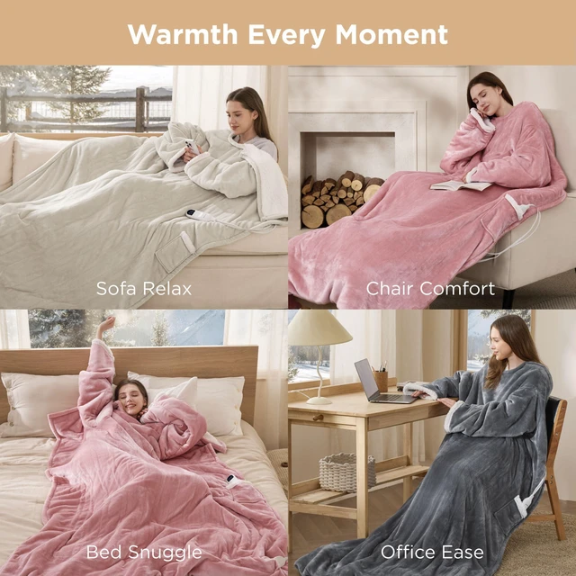 Alt view image 5 of 7 - Wearable Heated Blanket with Foot Pocket & Sleeves, 50x71+18" Cream | Preheat Function, Sherpa Electric Robe Throw, Gifts for Women, 6 Heat/6 Timer (Up to 10H) Settings, 8H Auto Shut Off, ETL/FCC