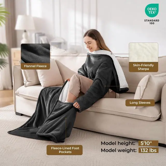 Alt view image 4 of 7 - Wearable Heated Blanket with Foot Pocket & Sleeves, Electric Blanket Heated Robe for Women & Men, 5 Heat Settings, 3H Auto-Off, Machine Washable, ETL Certified, Gift-Ready, 50x70 Inches, Grey