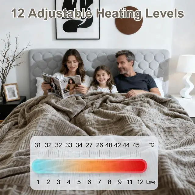 Alt view image 3 of 7 - Heated Blanket King Size, 90x100 Electric Blanket Heating Waffle with Dual Controllers, Fast Heating with 12 Heat Levels & 12 Hours Auto Off, with ETL & FCC for Bed(Light Gray)