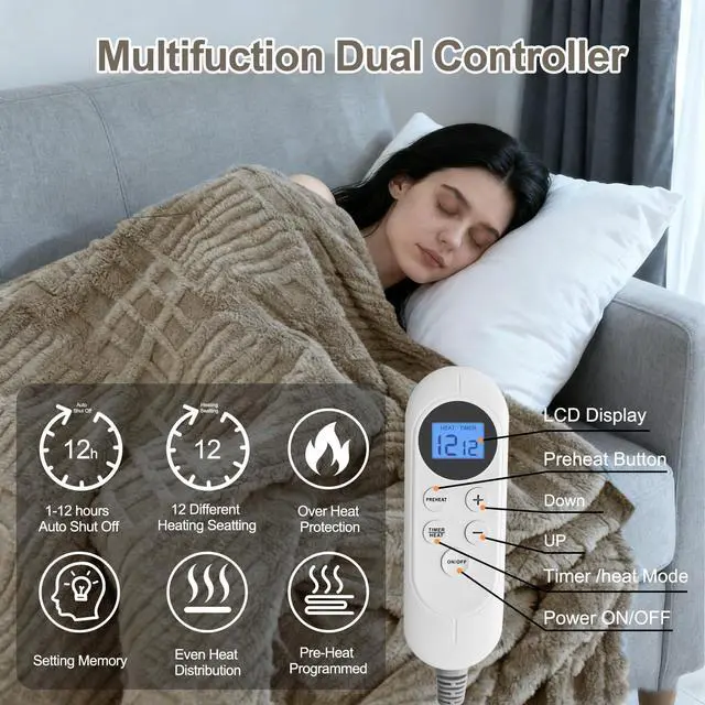 Alt view image 4 of 7 - Heated Blanket King Size, 90x100 Electric Blanket Heating Waffle with Dual Controllers, Fast Heating with 12 Heat Levels & 12 Hours Auto Off, with ETL & FCC for Bed(Light Gray)