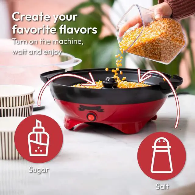 Alt view image 3 of 7 - Popcorn Machine 800W Electric Hot Oil Popcorn Maker with Non-Stick Plate, Lid & Stirrer Large 24-Cup Popper for Home, Parties, Movie Night Butter, Sugar & Spice Compatible (Red)