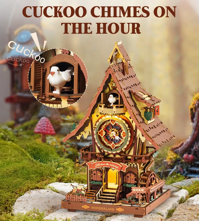 Alt view image 2 of 7 - Cuckoo Clock 3D Wooden Puzzle with LED Light & Hourly Chime for Adults | DIY Wooden Clock Model Building Set, Unique Gift for Women Men