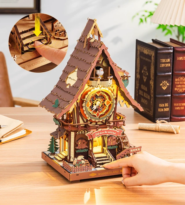 Alt view image 5 of 7 - Cuckoo Clock 3D Wooden Puzzle with LED Light & Hourly Chime for Adults | DIY Wooden Clock Model Building Set, Unique Gift for Women Men